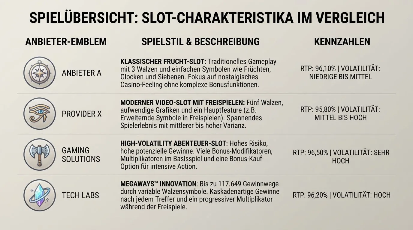 Eine vergleichende Übersicht von Anbieter-Logos oder Slot-Kacheln nebeneinander