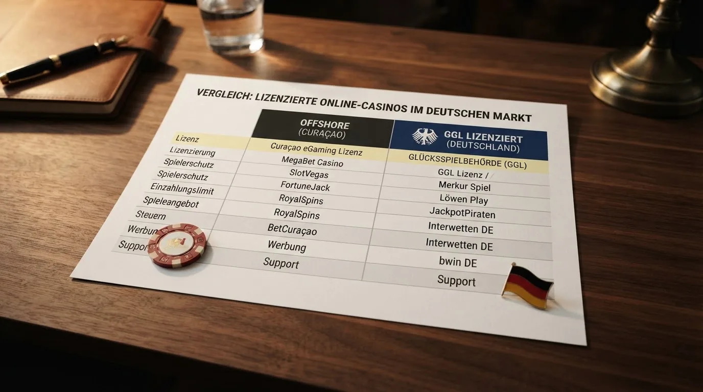 Stilisierte Vergleichstabelle mit Offshore- und GGL-lizenzierten Anbietern