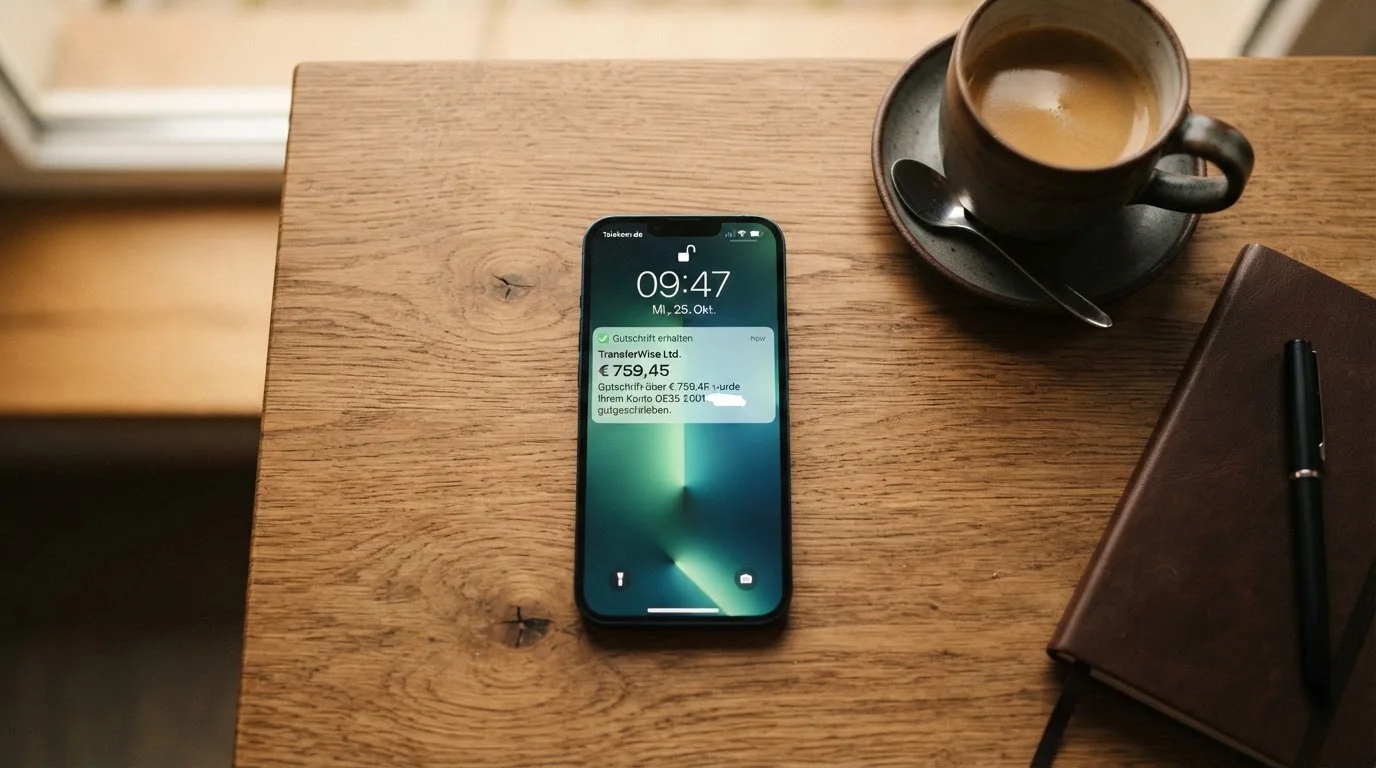 Smartphone mit Banking-App und Hinweis auf eingehende Überweisung