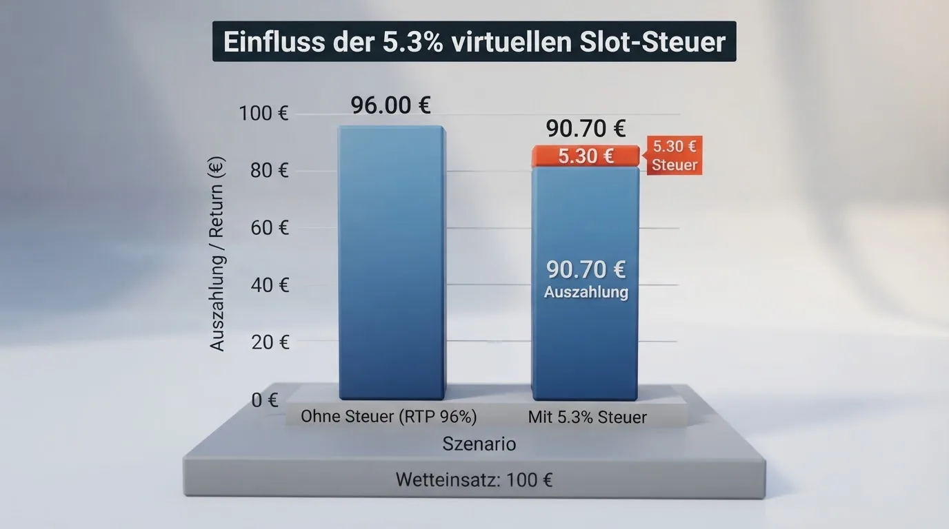 Infografik: 100 € Einsatz → 5,30 € Steuer, visueller Vergleich RTP mit und ohne Steuerabzug