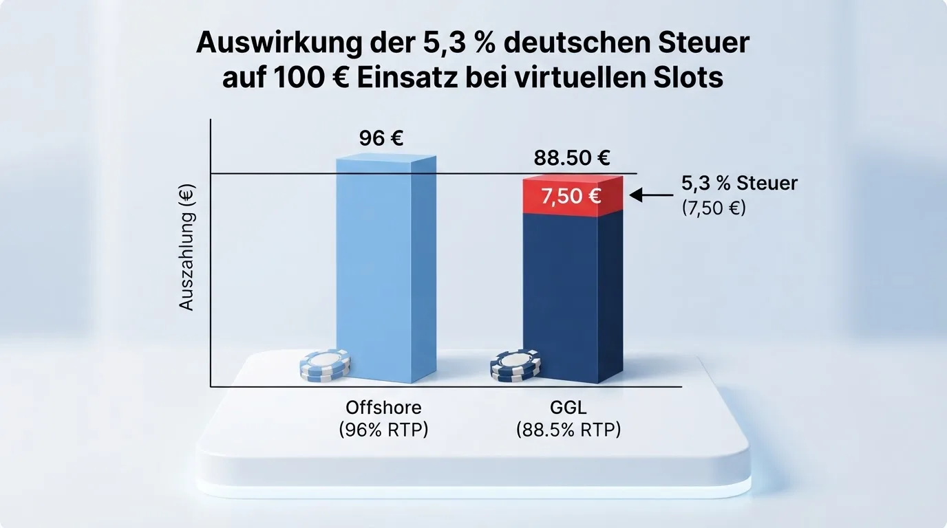 Infografik: 100 € Einsatz — wie 5,3 % Steuer und 88,5 % RTP den Auszahlungsbetrag im Vergleich zu 96 % RTP reduzieren