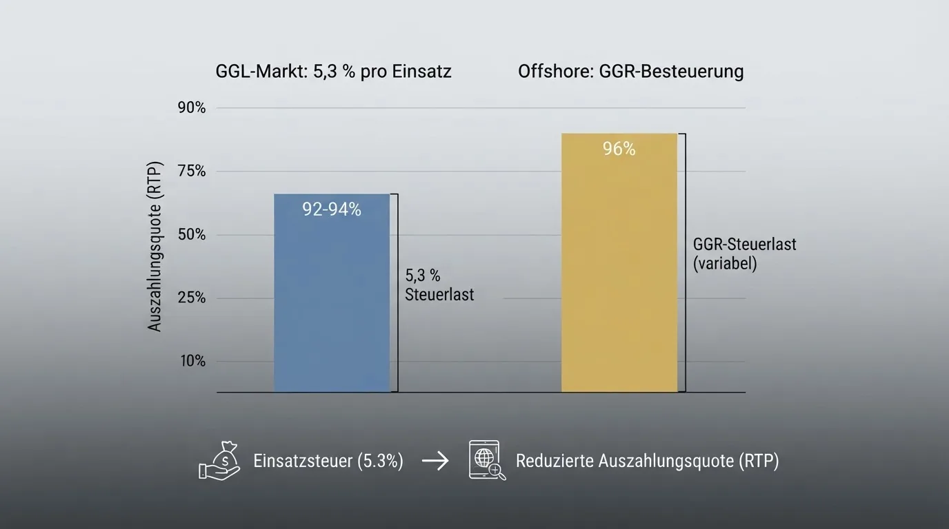 Vergleichsgrafik: 5,3 % Einsatzsteuer im GGL-Markt gegenüber GGR-Besteuerung bei Curaçao-Lizenzen