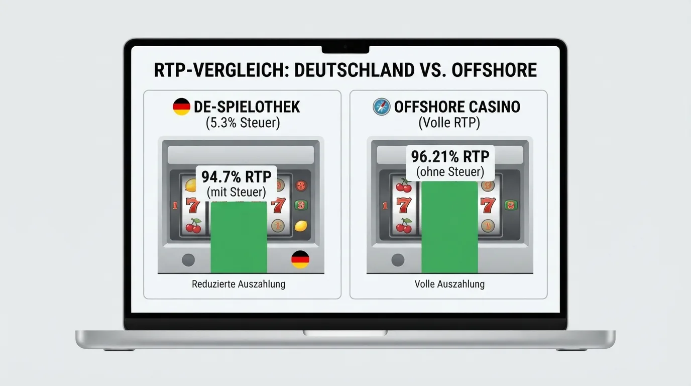 Zwei identische Slot-Screenshots nebeneinander: links mit deutschem Steuerabzug und niedrigerer Gewinnanzeige, rechts offshore mit voller RTP