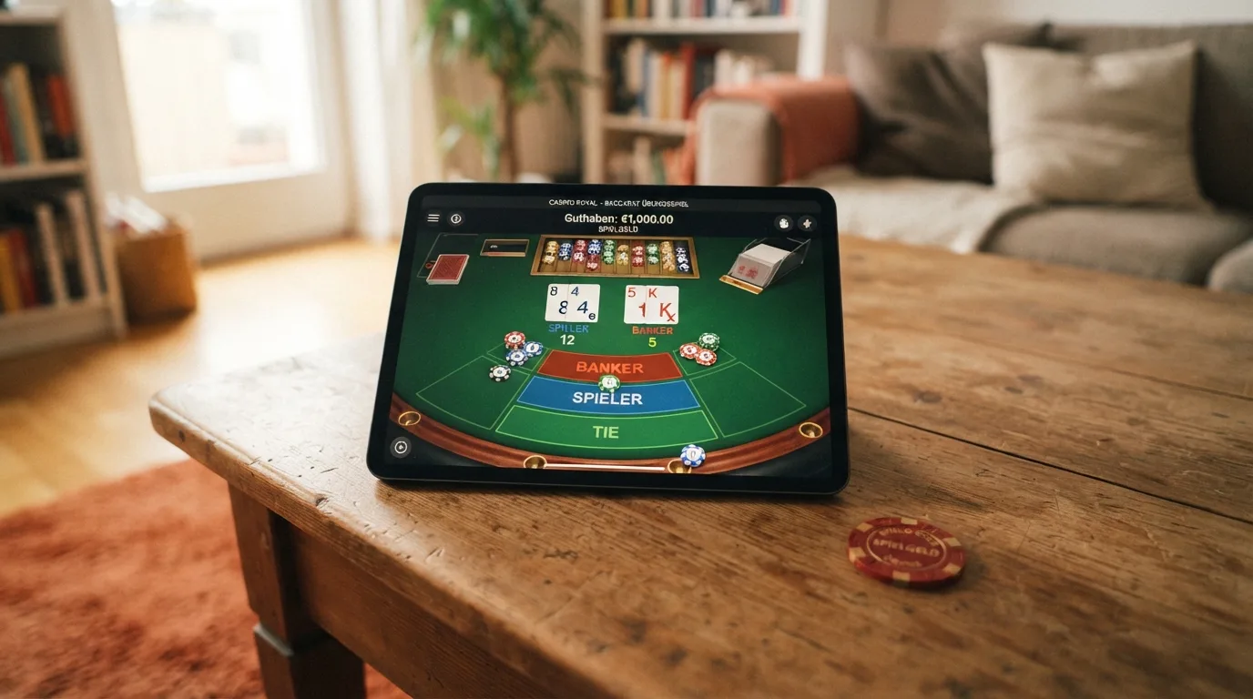 Browserfenster mit Baccarat-Demotisch und deutlich markiertem Spielgeld