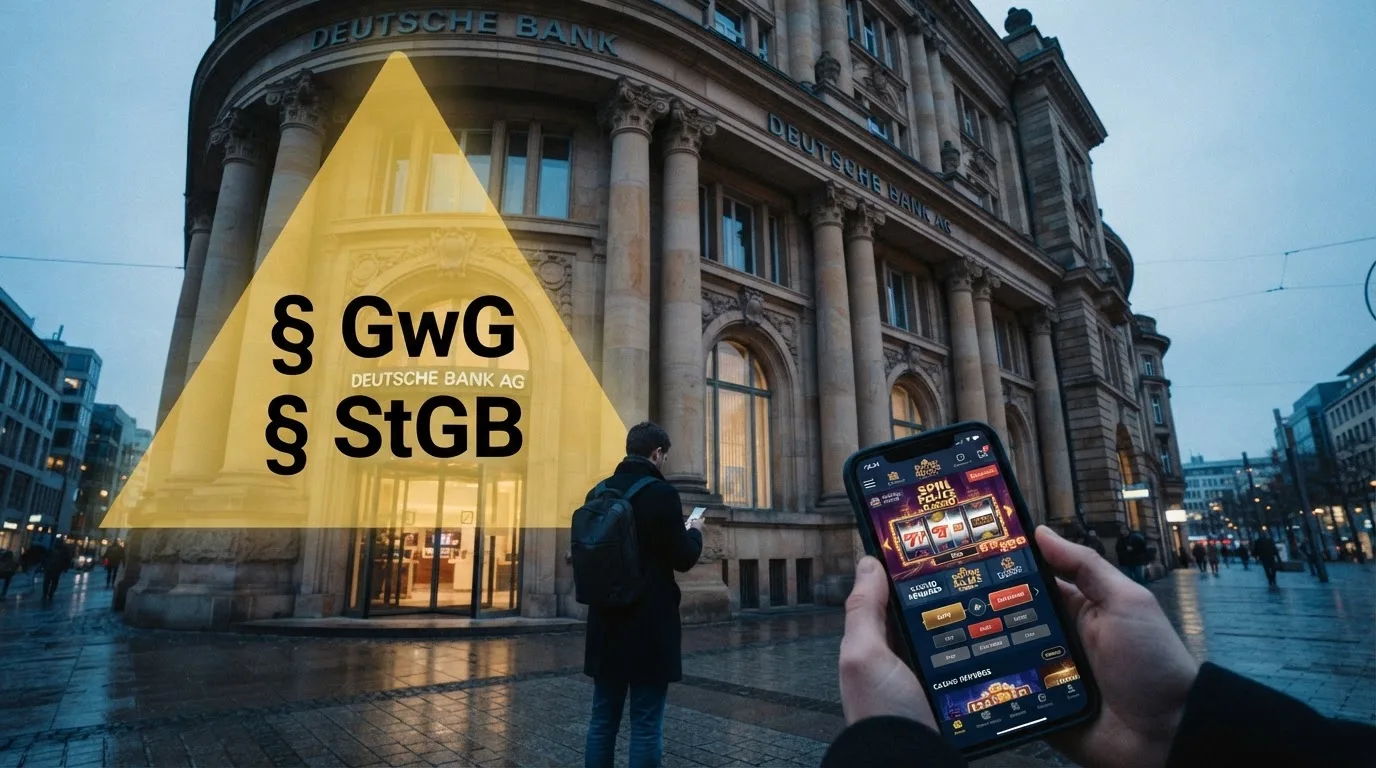 Stilisiertes Bankgebäude mit Warndreieck und den Paragrafen GwG und StGB