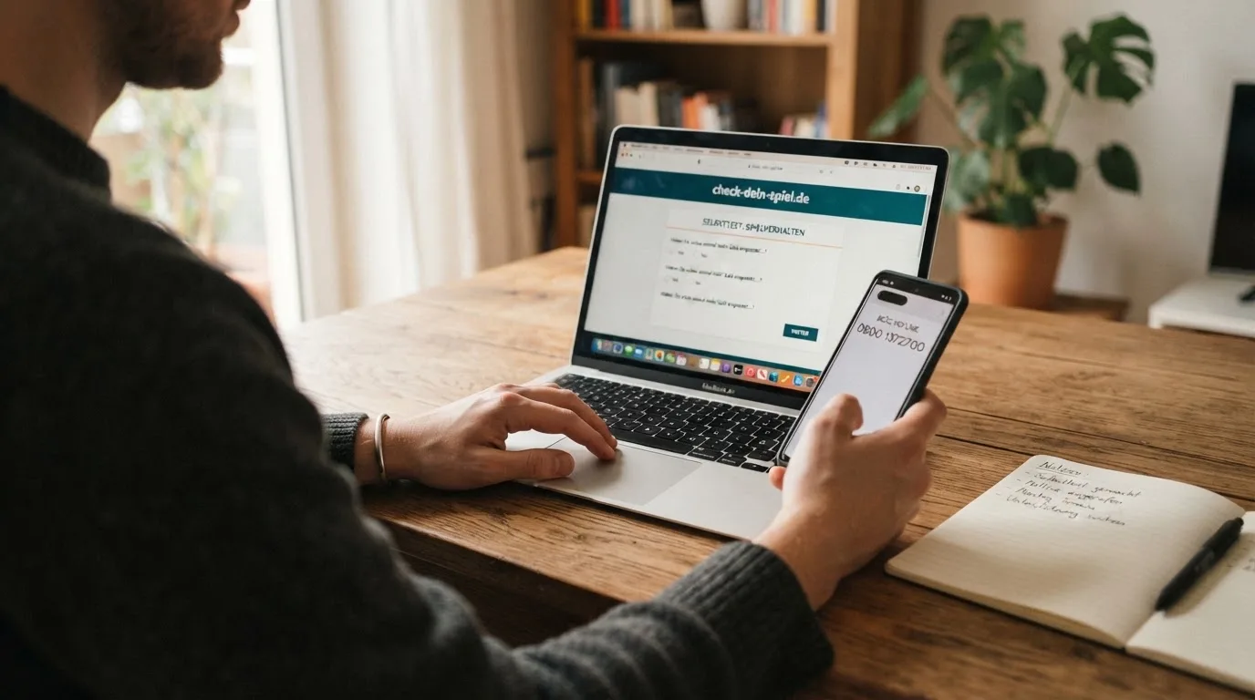 Bildschirm mit geöffneter Hilfeseite check-dein-spiel.de, daneben ein Smartphone mit der BIÖG-Hotline-Nummer