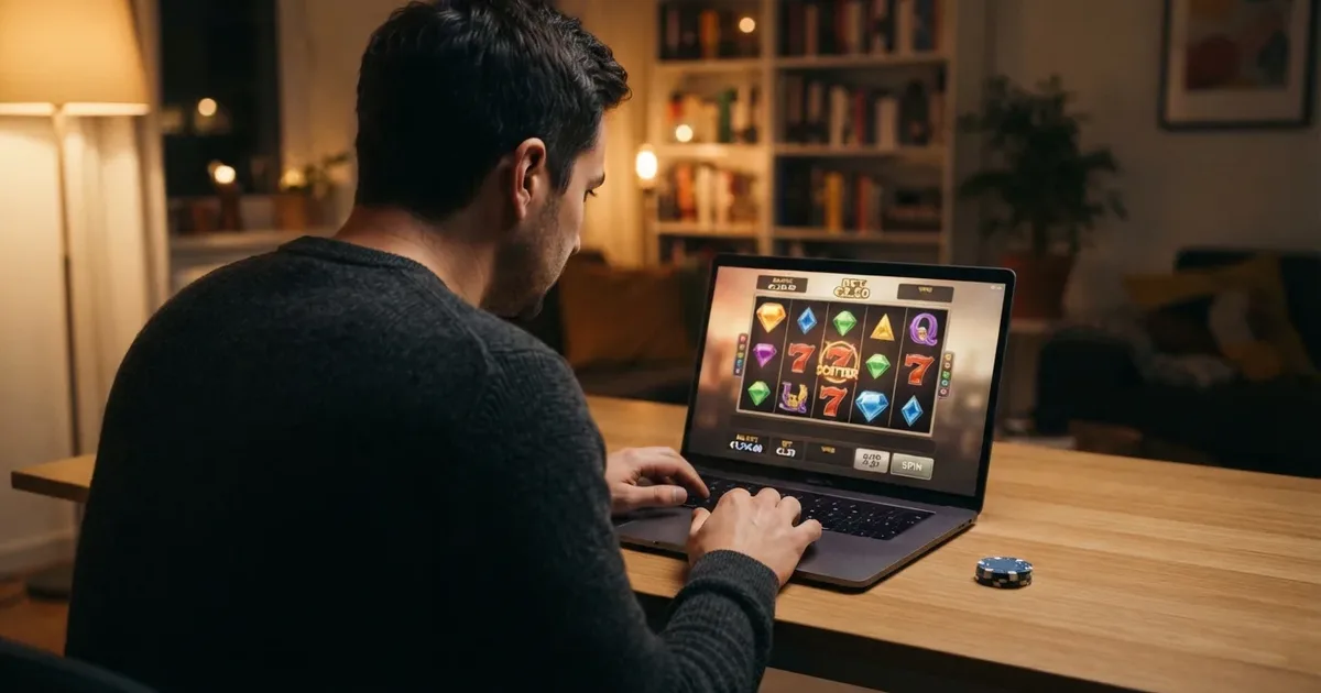 Deutscher Spieler vor einem Laptop mit Casino-Oberfläche und deutscher Flagge als Standortmarker