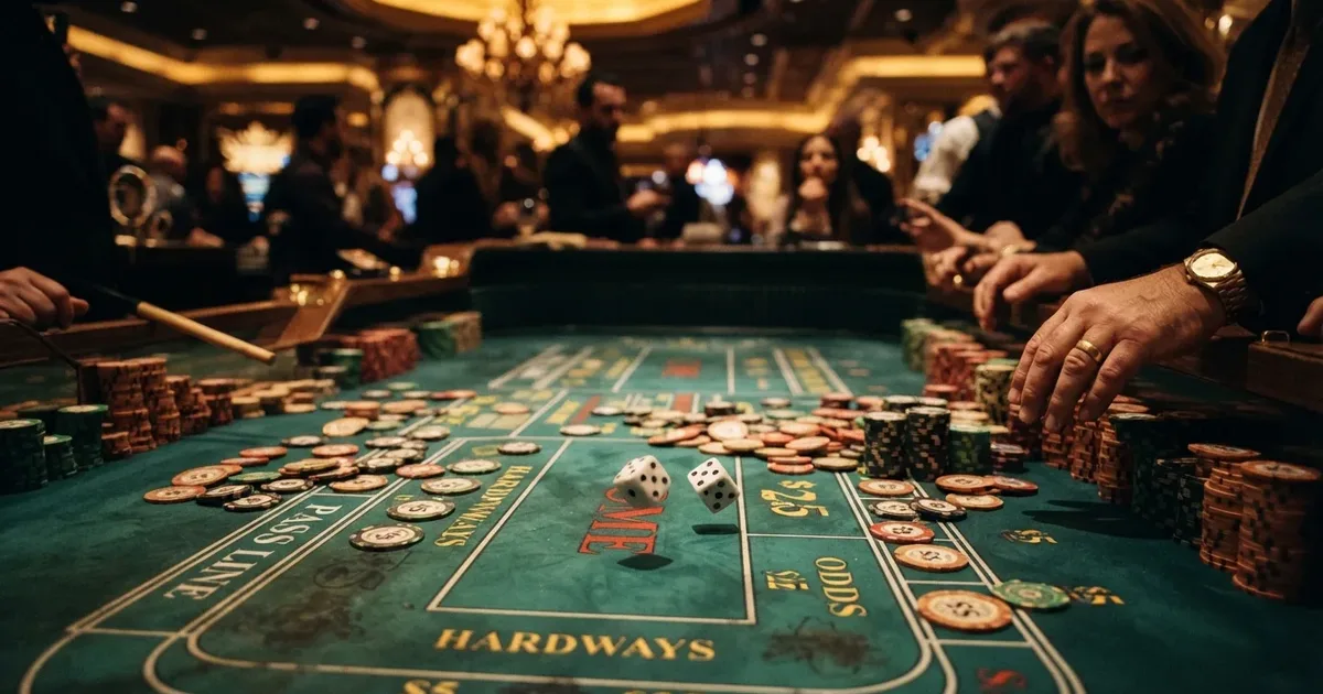 Craps-Tisch mit zwei Würfeln und Chips unter warmem Casino-Licht