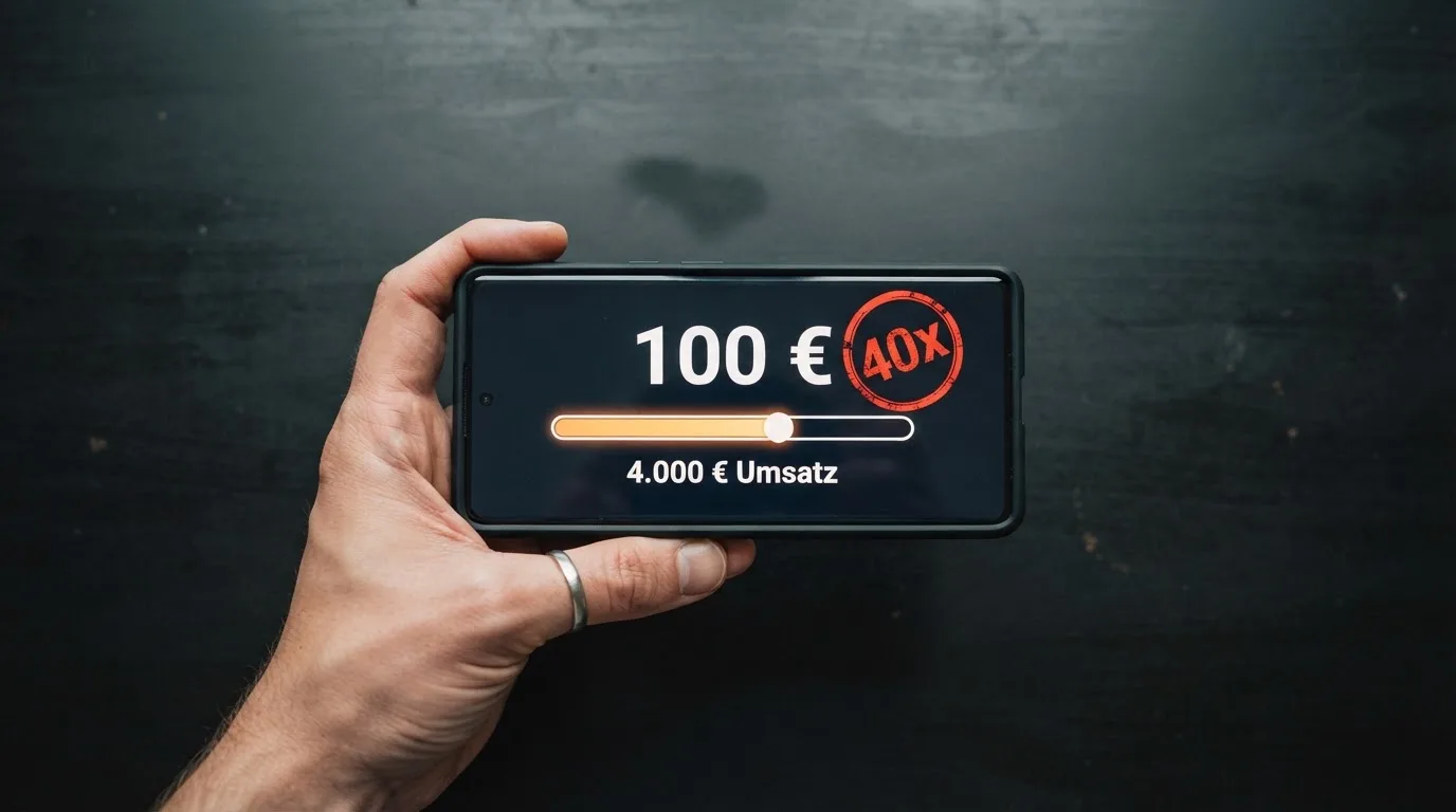 Visualisierung einer Bonus-Umsatzbedingung: 100 € Bonus → 40x → 4.000 € Umsatz, mit einem durchgestrichenen Geldschein als Symbol für den erwarteten Verlust