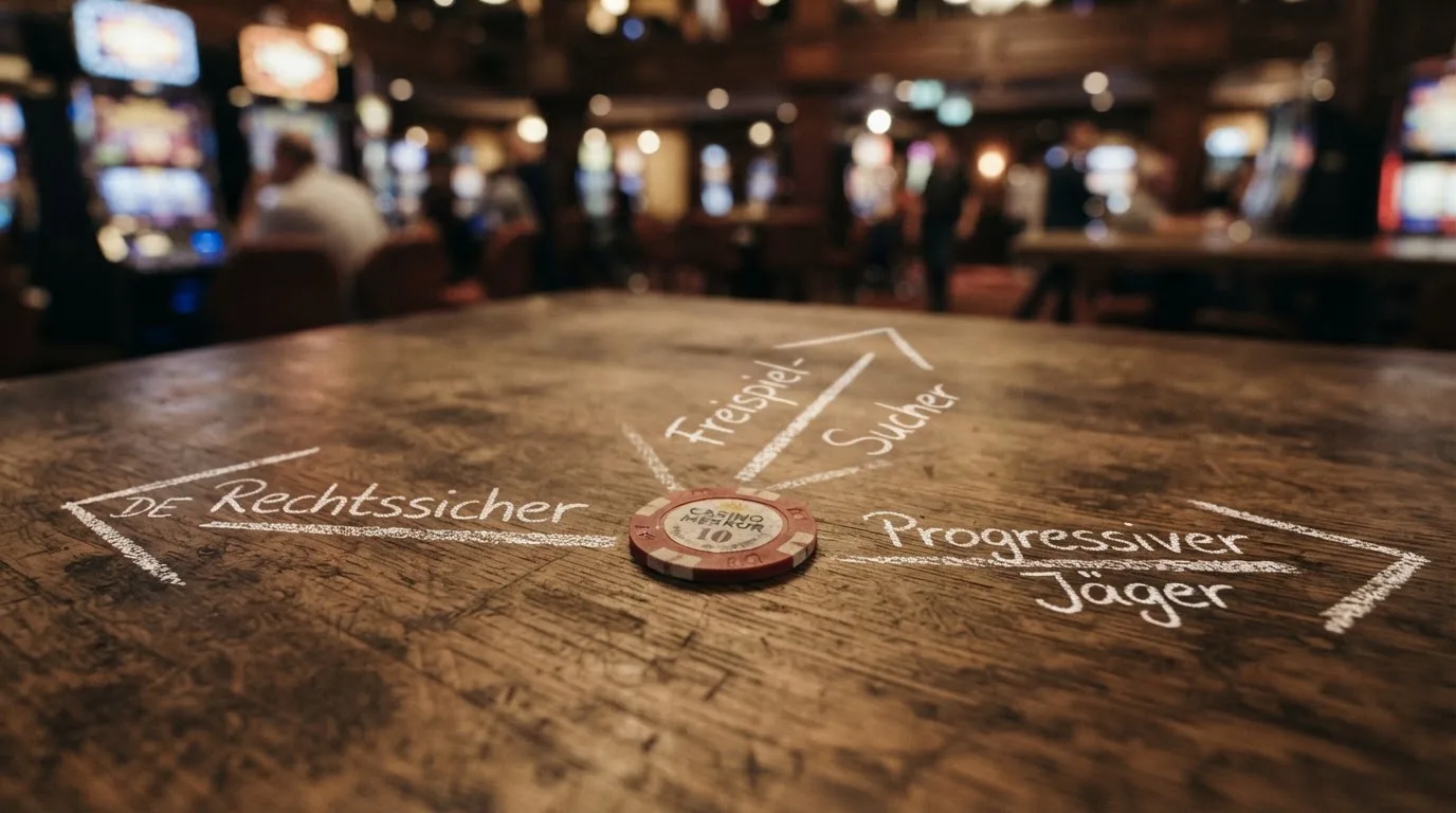 Drei Pfeile in verschiedene Richtungen, beschriftet mit den drei Spielertypen (Rechtssicher, Freispiel-Sucher, Progressiver Jäger) — der Leser am Scheideweg