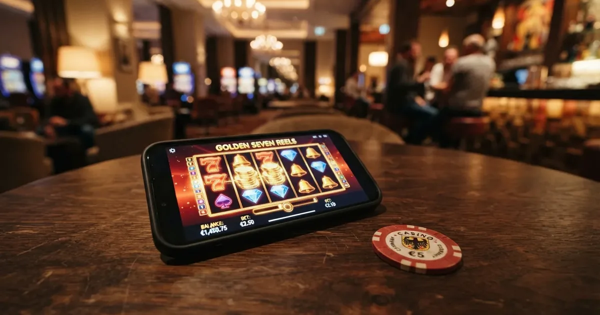 Übersichtsfoto: geöffneter Jackpot-Slot auf einem Smartphone-Bildschirm mit sichtbarem Jackpot-Zähler, daneben ein Euro-Symbol als Hinweis auf Echtgeld-Spiel