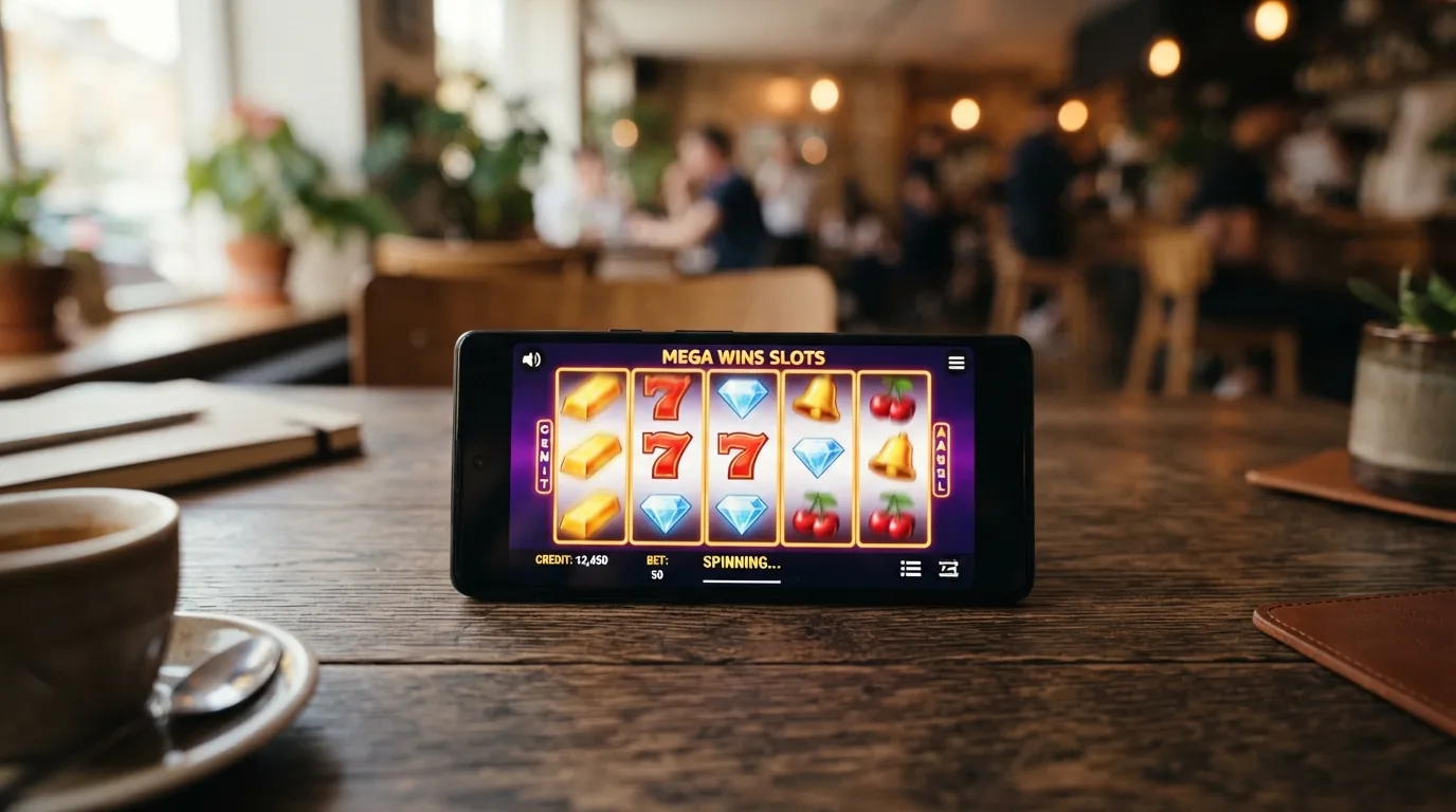 Ein Smartphone im Querformat mit einem Slots-Spielbildschirm, umgeben von App-Icons und einem Browser-Symbol zur Darstellung beider Zugangswege