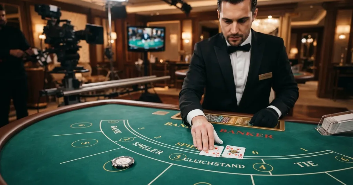 Live-Baccarat-Tisch mit Croupier, Karten und klar markierten Wettfeldern