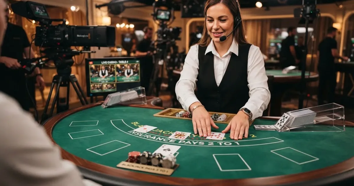 Live-Dealer am Blackjack-Tisch mit Spielkarten und Chip-Stapel in Studio-Atmosphäre