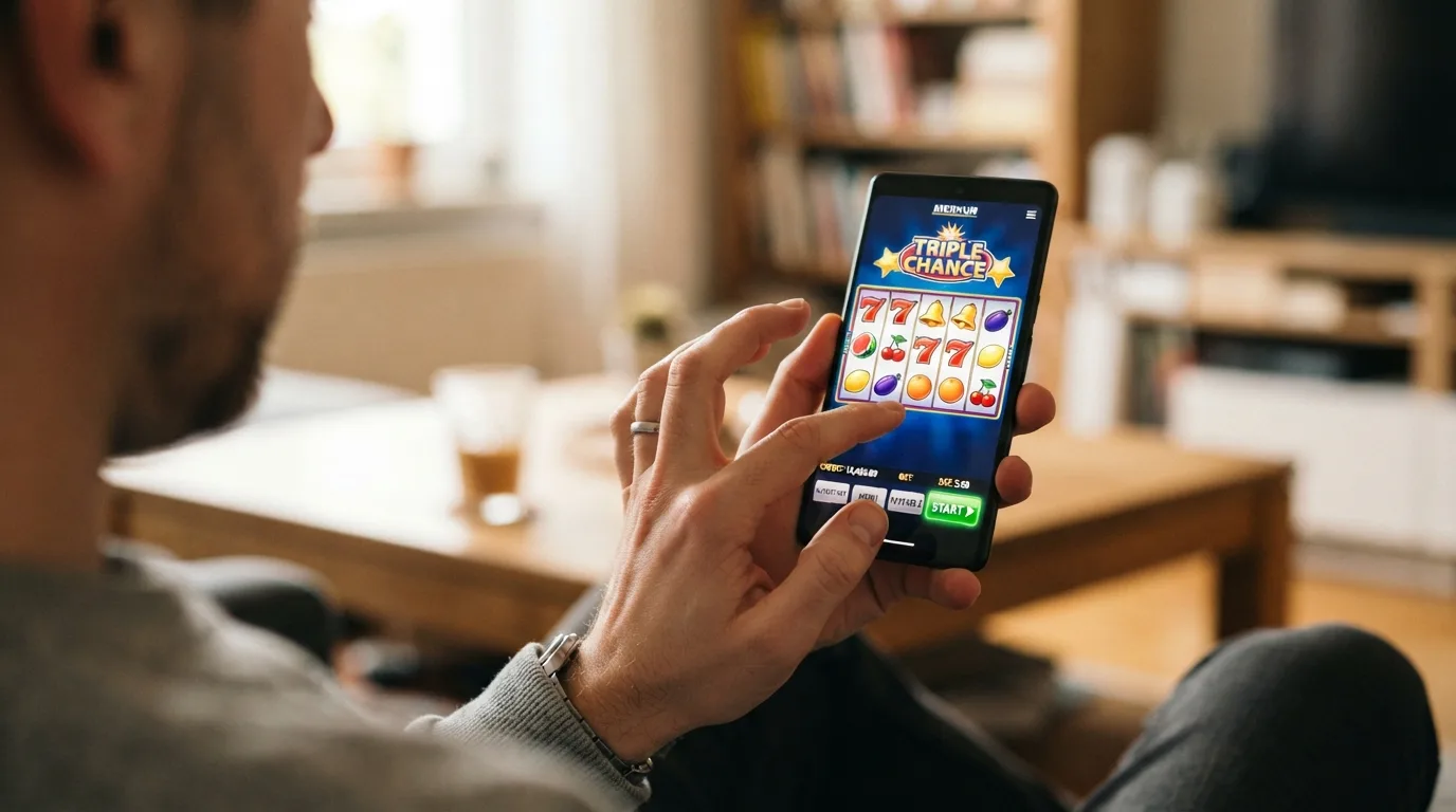 Smartphone mit geöffneter Merkur-Slot-App und sichtbarer Spielauswahl