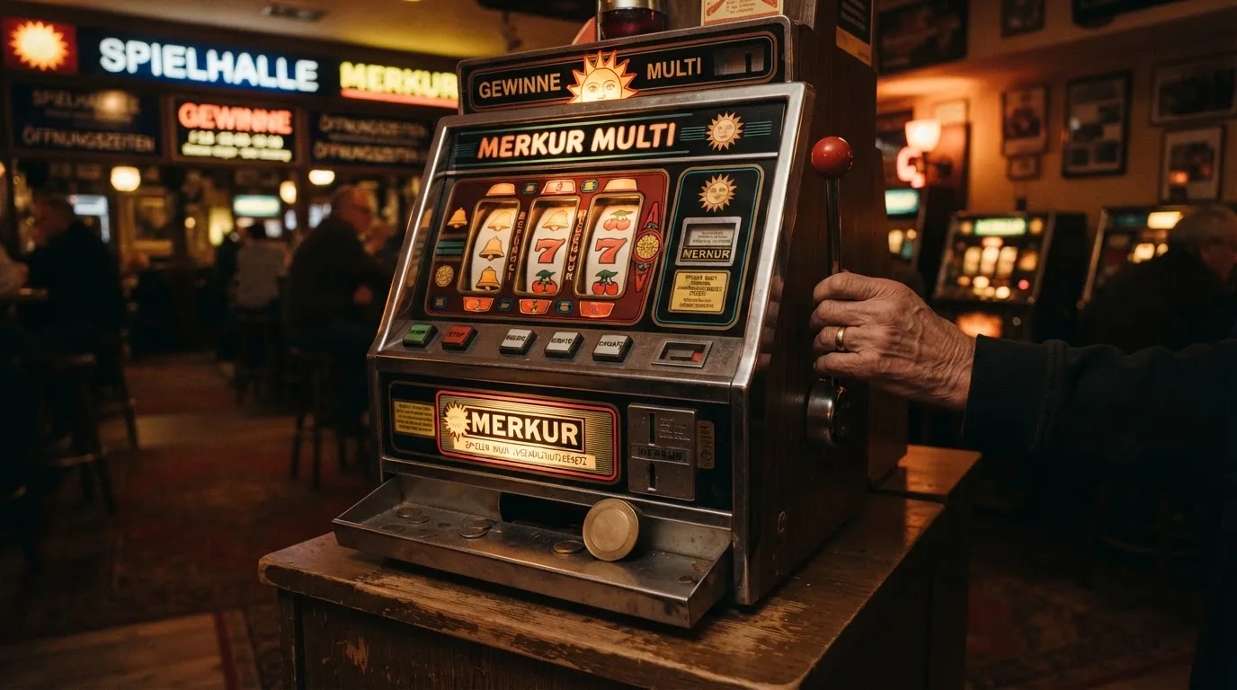 Klassischer Merkur-Spielautomat in einer deutschen Spielhalle als Ausgangspunkt der Markengeschichte