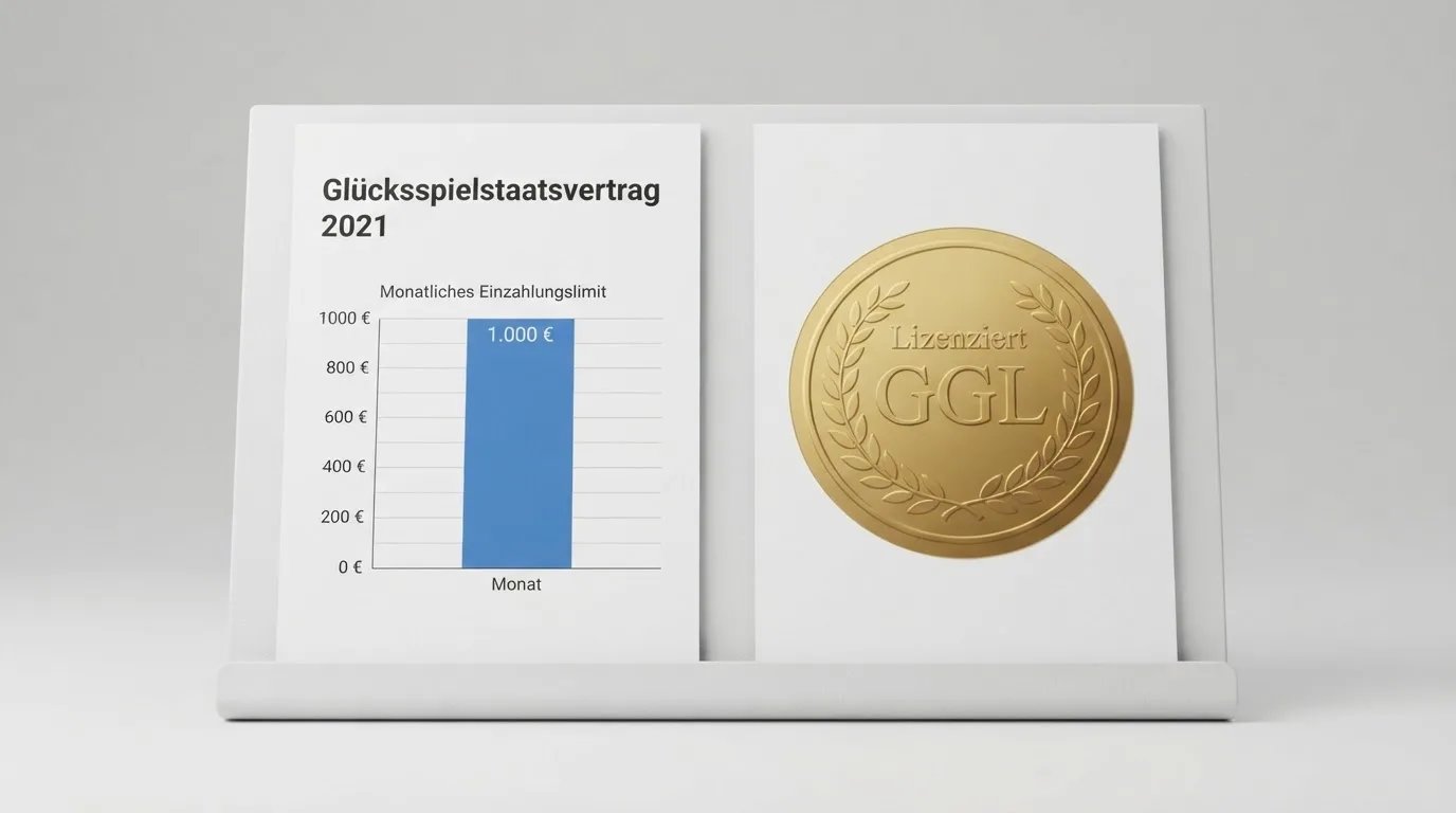 Symbolische Darstellung von Gesetzestext und Lizenzsiegel — GlüStV 2021 und GGL-Logo
