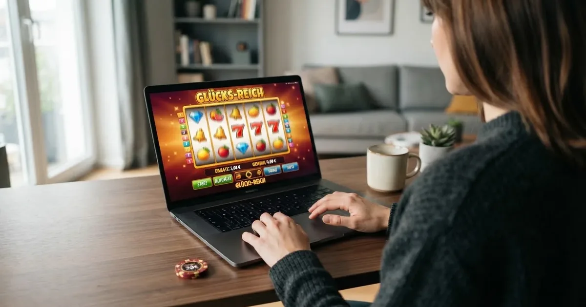 Spieler vor einem Bildschirm voller Spielautomaten ohne sichtbare Limit-Anzeige