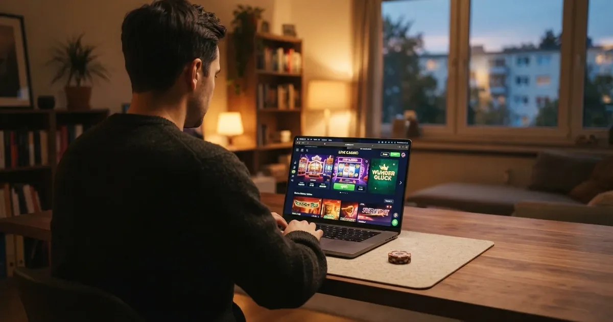 Spieler sitzt vor Laptop mit Online-Casino-Lobby im heimischen Wohnzimmer