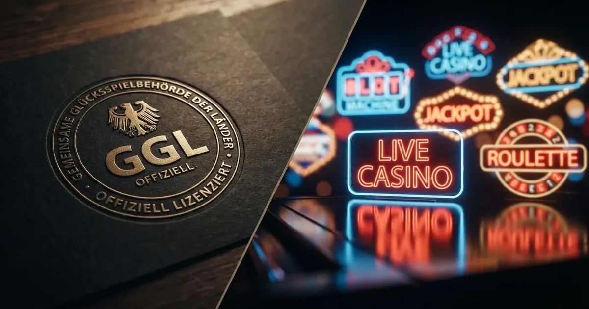 Geteilte Ansicht: links ein GGL-Siegel auf dunklem Hintergrund, rechts leuchtende Casino-Schriftzüge ohne Siegel