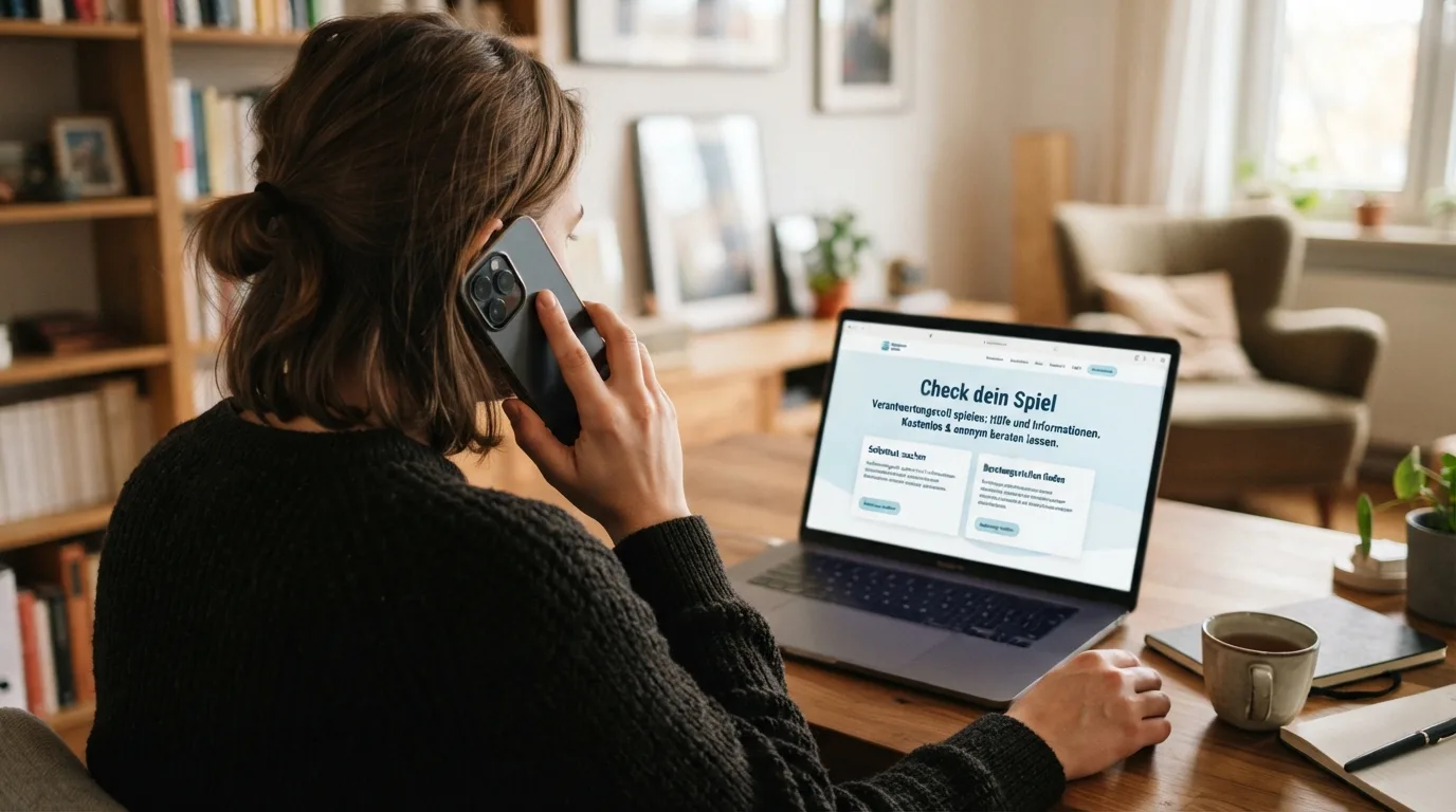 Split-Grafik: links Telefon-Hotline mit 0800-1372700, rechts Bildschirm mit Check-dein-Spiel.de