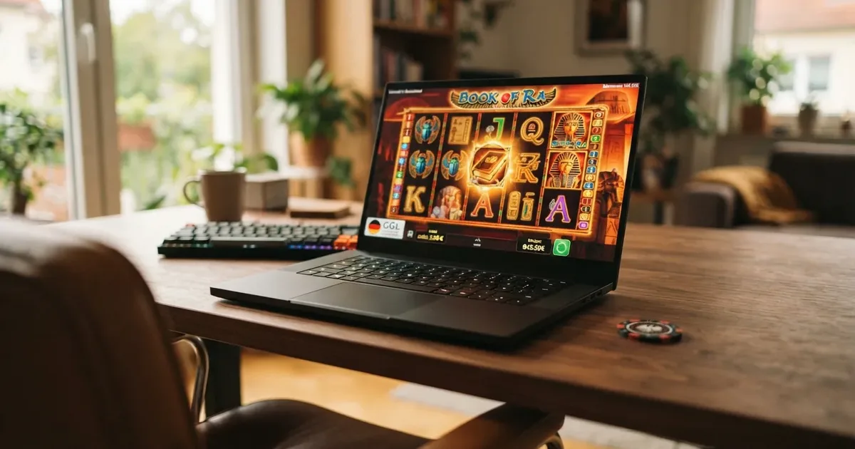 Collage aus deutschen Online-Slots mit GGL-Lizenzsiegel und Spielbildschirmen