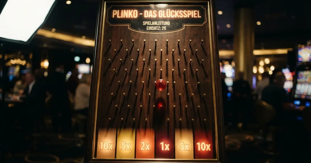Plinko-Spielfeld mit fallenden Kugeln, versetzten Pins und farbigen Multiplikator-Feldern am unteren Rand