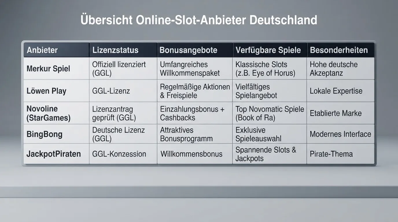 Übersichtliche Vergleichstabelle der zehn vorgestellten Anbieter mit Lizenzstatus und Bonus