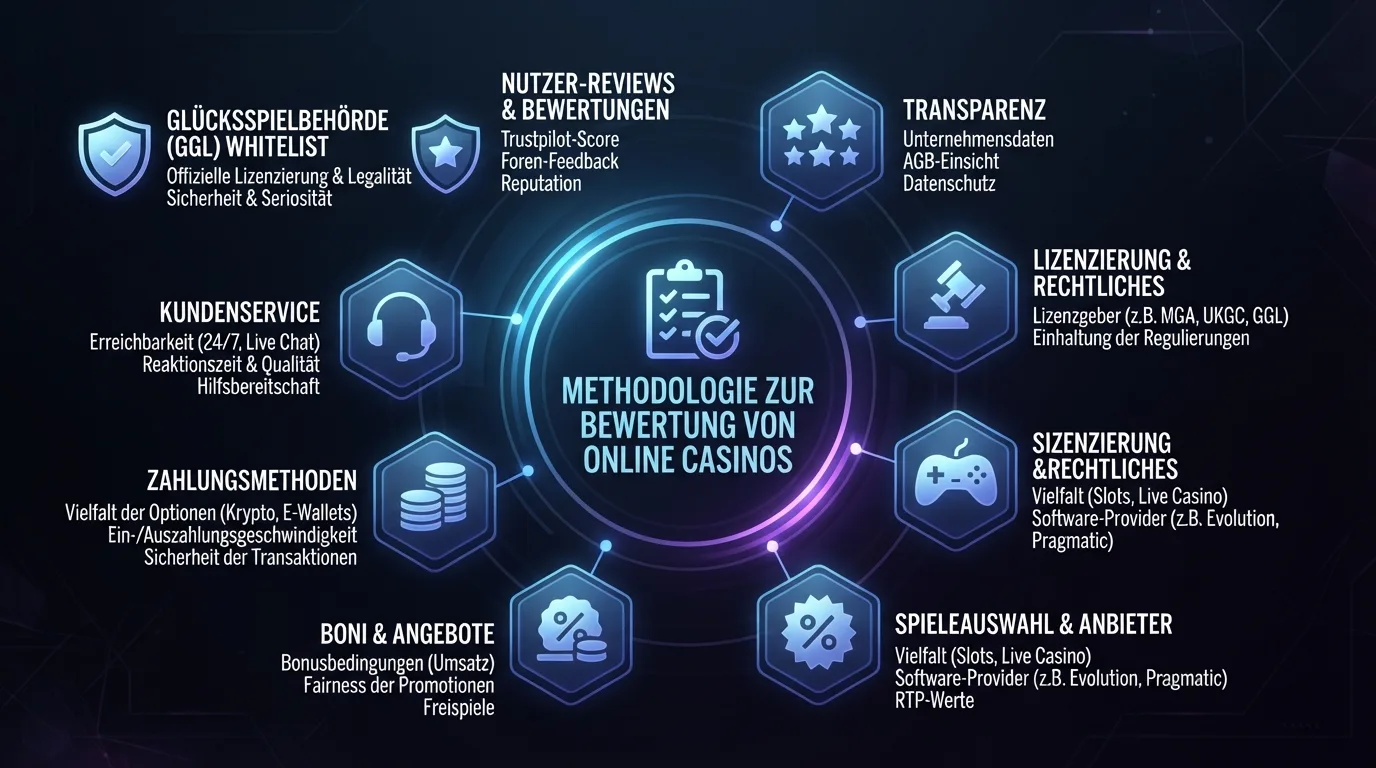 Methodik-Übersicht: Quellen, Kriterien und Transparenzhinweise als visuelle Zusammenfassung