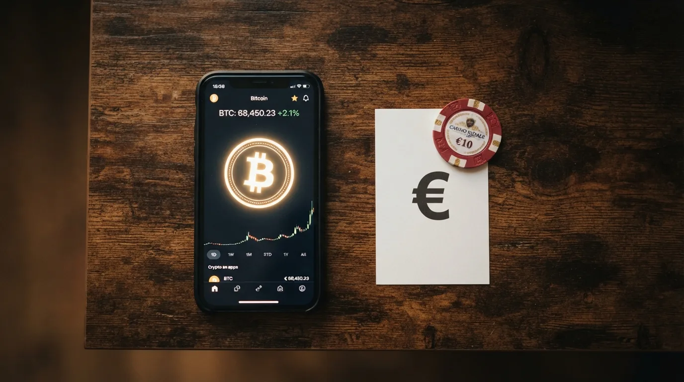 Bitcoin-Logo vor einem Casino-Interface mit Krypto-Einzahlungsoptionen (BTC, ETH, USDT)