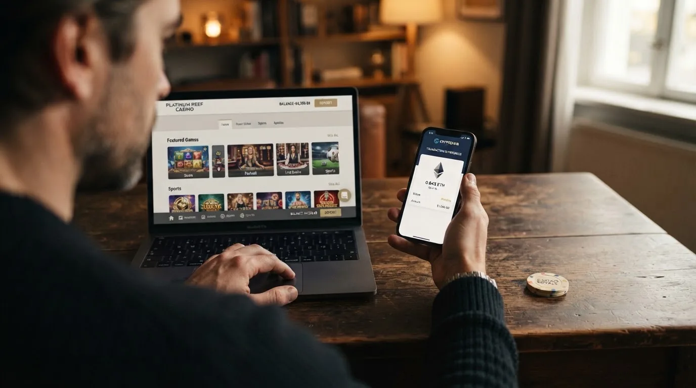 Krypto-Wallet auf einem Smartphone neben einem Casino-Interface, Symbolbild für anonyme Krypto-Transaktionen
