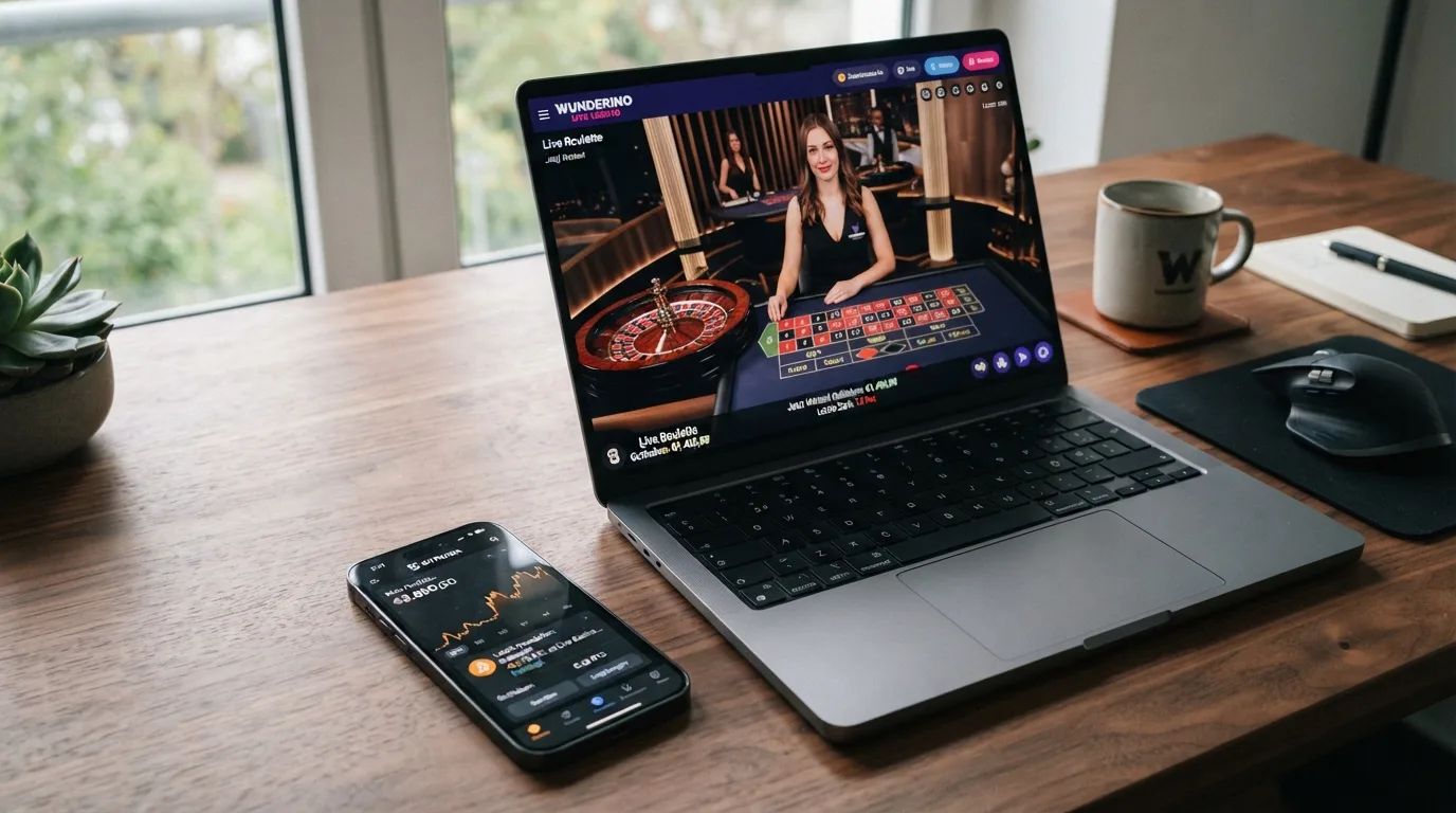 Smartphone mit Krypto-Wallet-App neben einem Live-Casino-Stream auf dem Bildschirm