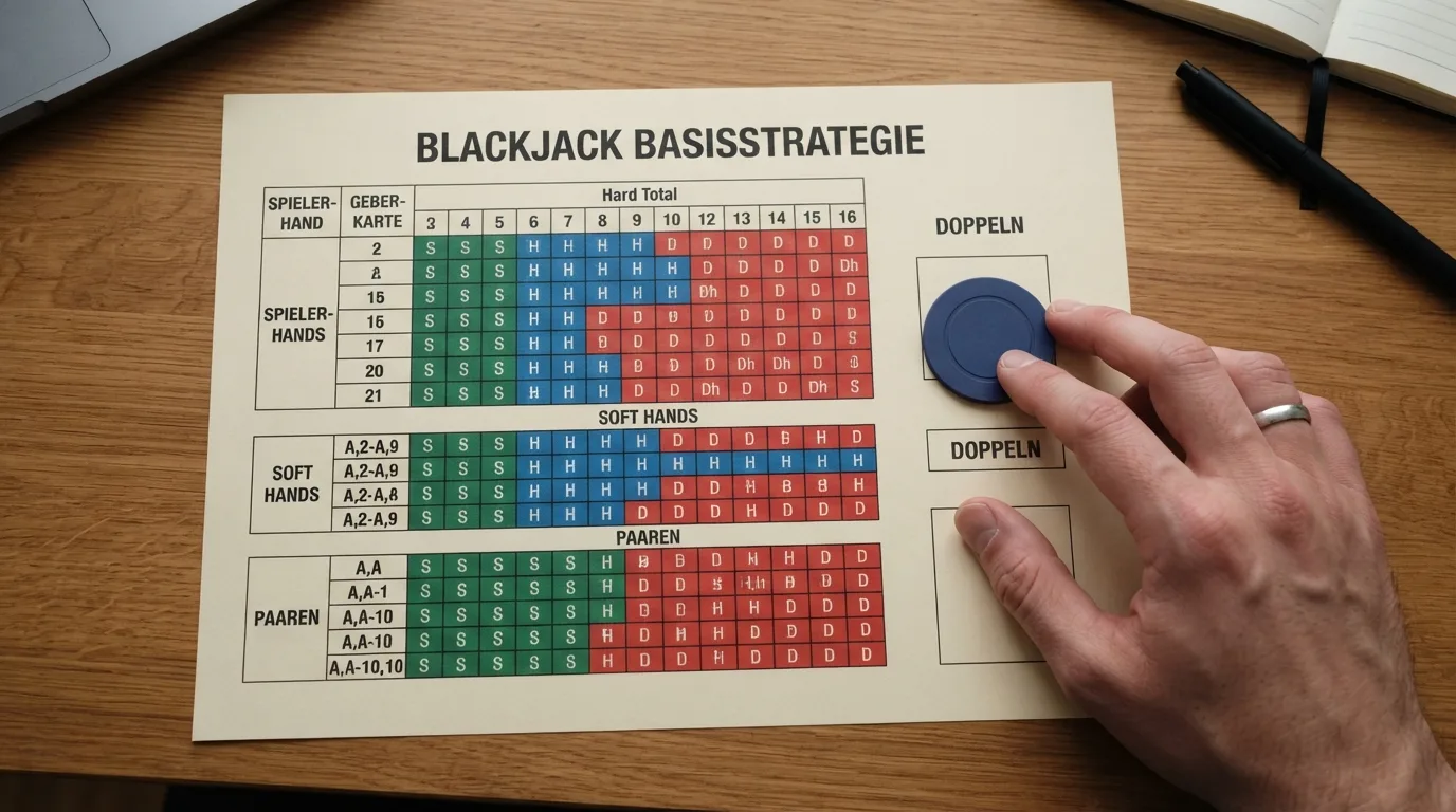 Blackjack-Grundstrategie-Übersicht: vereinfachte Tabelle der wichtigsten Entscheidungen (Hard/Soft/Split)