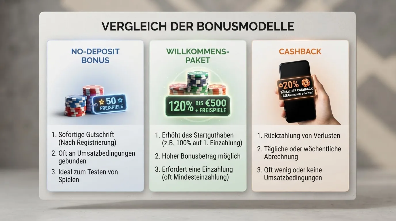 Vergleich der Bonusmodelle: No-Deposit, Willkommenspaket und Cashback als Übersicht