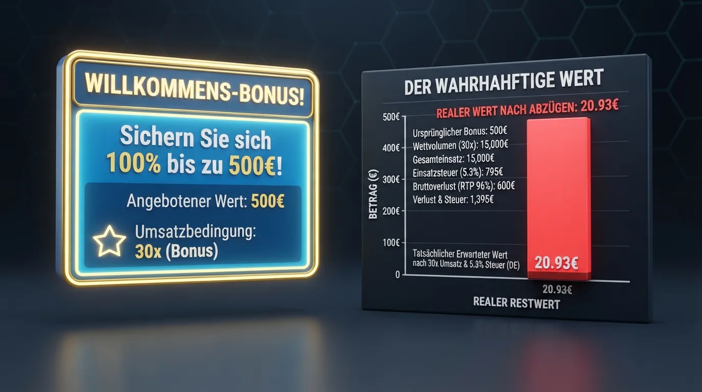 Vergleichsgrafik: Bonus-Angebot vs. reale Kosten nach Umsatzbedingung und Einsatzsteuer