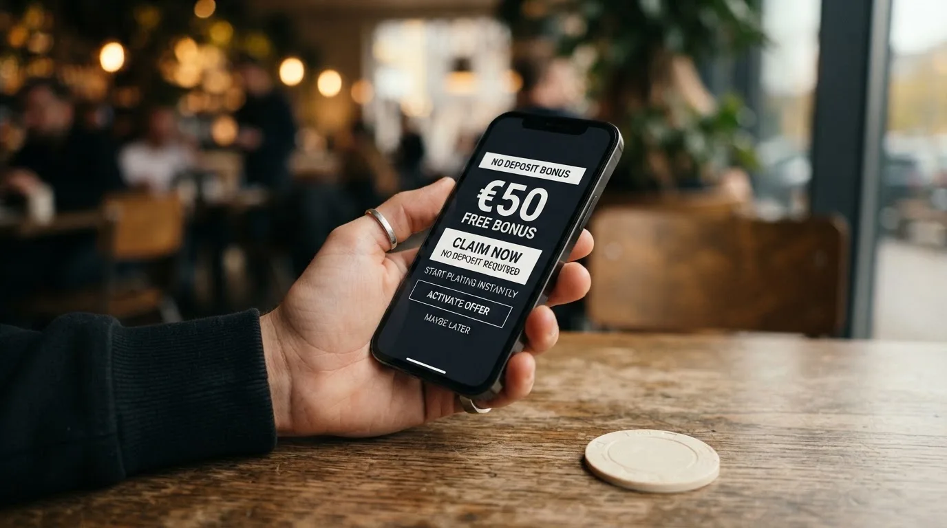 Screenshot eines typischen No-Deposit-Bonus-Pop-ups mit hervorgehobenen Umsatzbedingungen