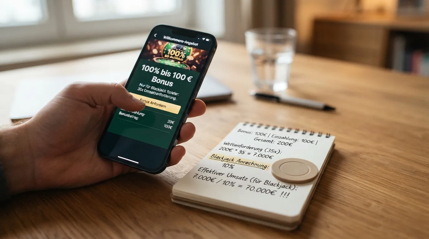 Grafische Gegenüberstellung: Bonus-Betrag vs. effektiver Umsatzanforderung bei 10 % Blackjack-Gewichtung