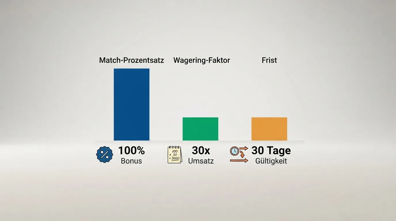 Infografik zu Bonus-Umsatzbedingungen mit Match-Prozentsatz, Wagering-Faktor und Frist
