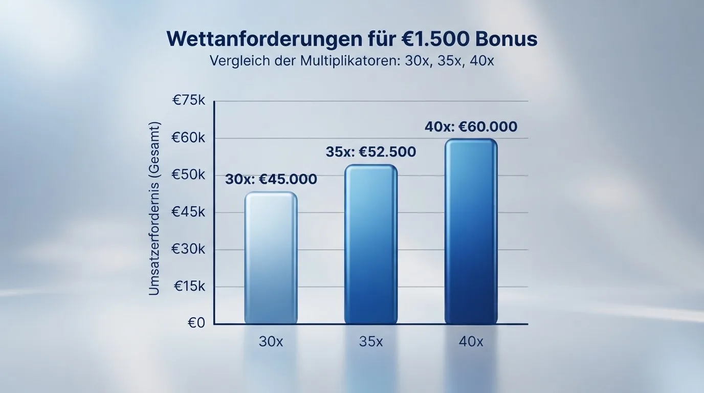 Infografik: ein €1.500-Bonus mit 30x/35x/40x-Umsatz und was jeweils in Euro übrig bleibt
