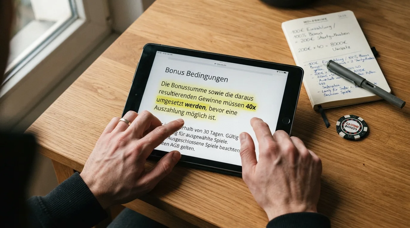 Ausschnitt aus Bonus-AGB mit hervorgehobenen Umsatzbedingungen