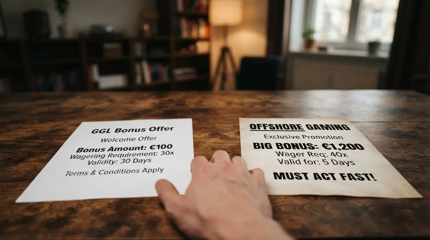 Vergleichsgrafik: typischer Offshore-Bonus mit €1.200, 40x Umsatz, 5 Tagen gegen GGL-Bonus mit €100, 30x, 30 Tagen