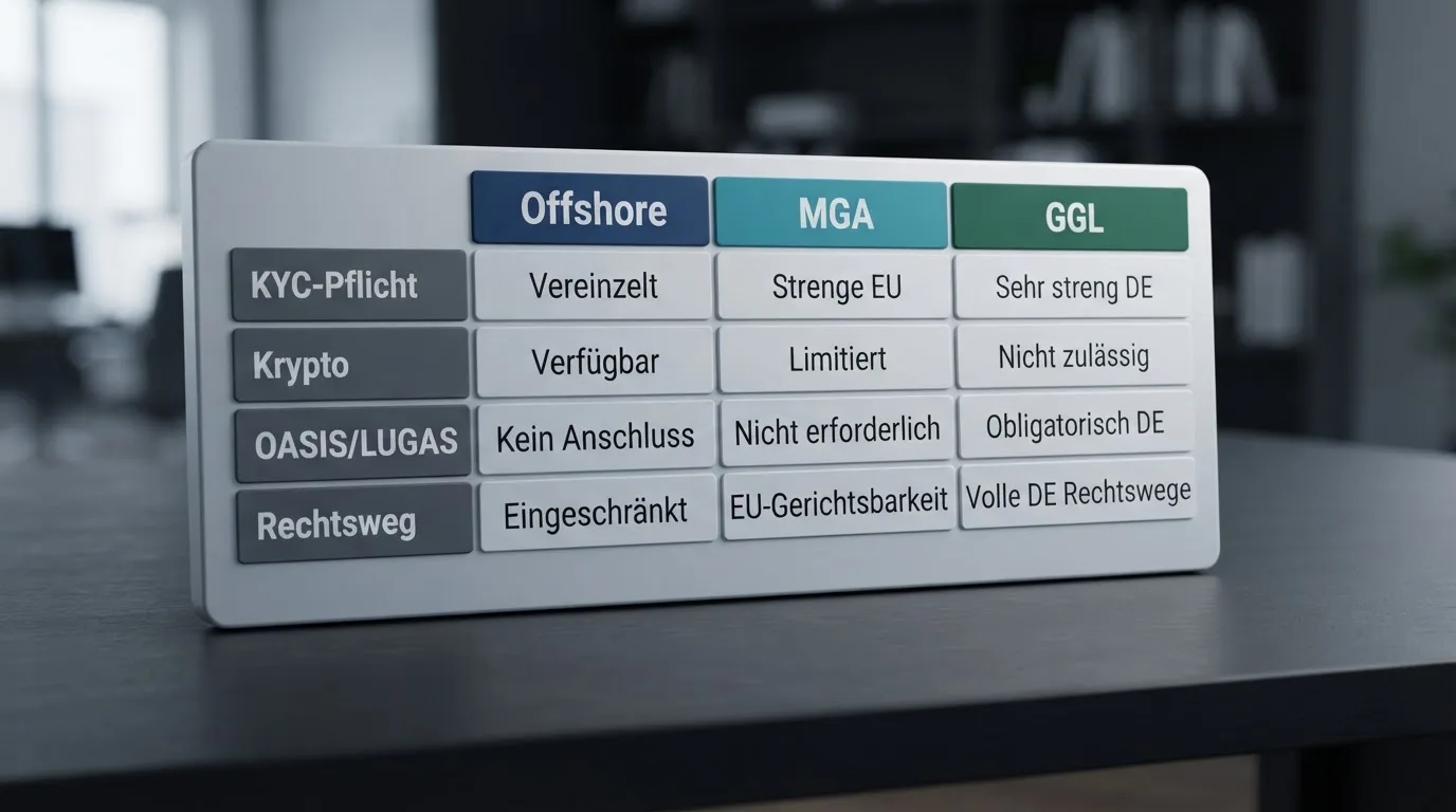 Schematische Vergleichstabelle mit drei Spalten Offshore, MGA und GGL und den Kernmerkmalen Verifizierung, Bonus und Limits