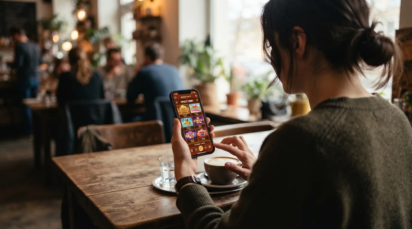 Smartphone mit geöffnetem legalen Casino im mobilen Browser — Spielerlebnis unterwegs