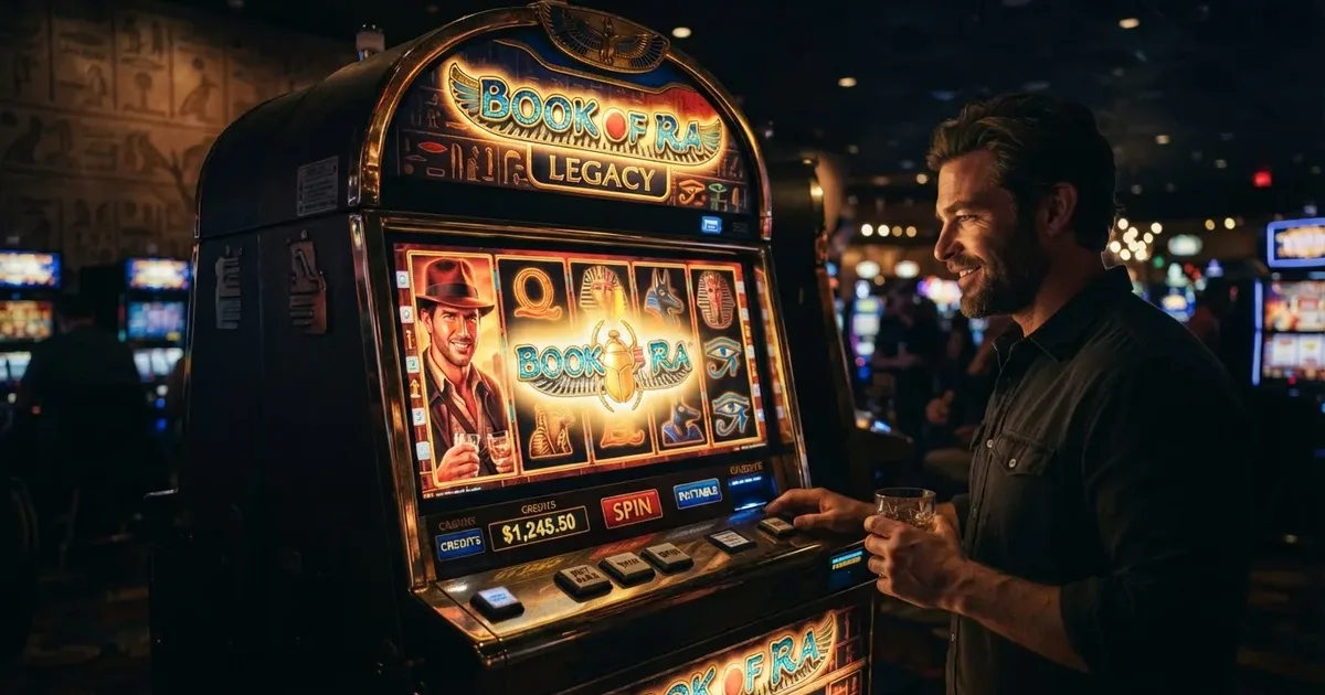 Der Book of Dead Spielautomat mit Rich Wilde vor dem Buch-Symbol auf fünf Walzen