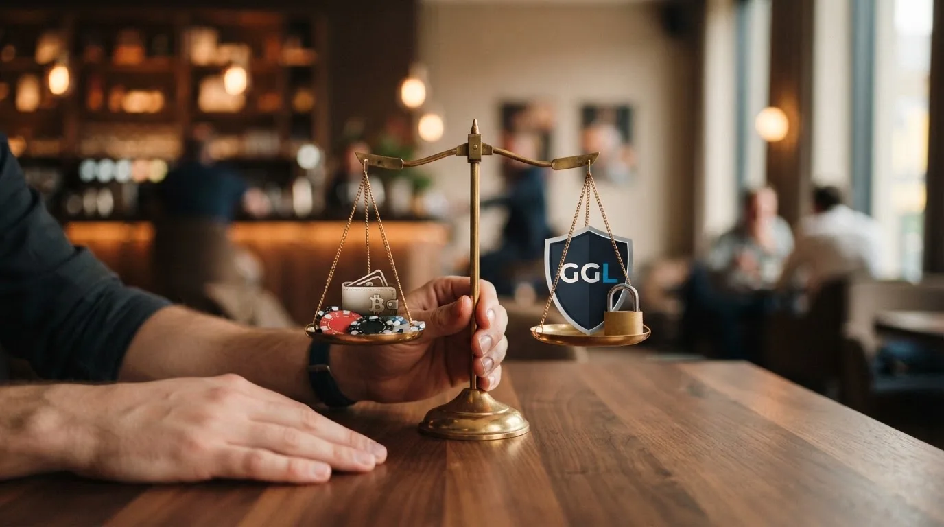 Entscheidungswaage mit zwei Waagschalen: Freiheit-Icon mit vielen Spielen und Krypto auf der einen Seite, Sicherheits-Icon mit GGL-Schild und OASIS-Sperrschloss auf der anderen