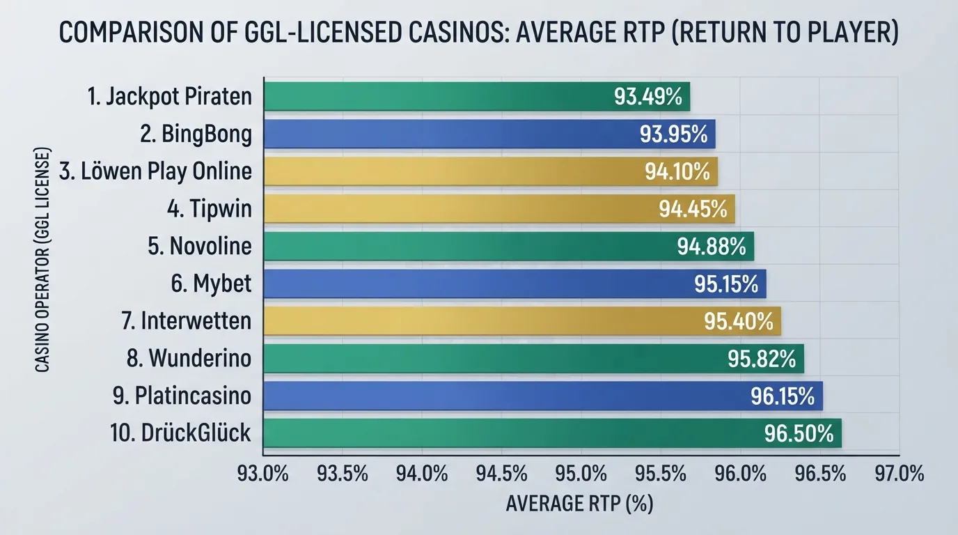 Vergleichstabelle der zehn Casinos mit RTP-Balken und Konditionen