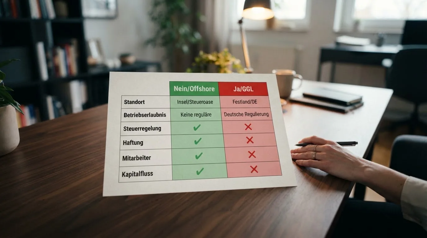 Stilisierte Vergleichstabelle mit hervorgehobener Spalte „5-Sekunden-Regel“ — grün (Nein/Offshore) vs. rot (Ja/GGL)