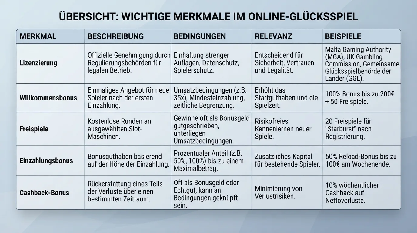 Vergleichsmatrix mit zehn Casinos, Lizenzstatus, Boni und zentralen Bedingungen