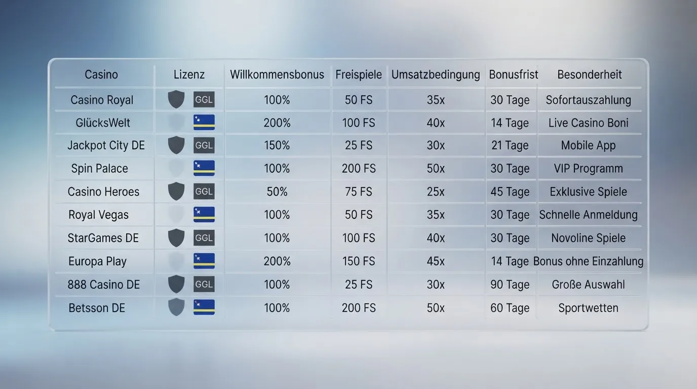 Vergleichstabelle mit zehn Online-Casinos ohne SCHUFA-Abfrage