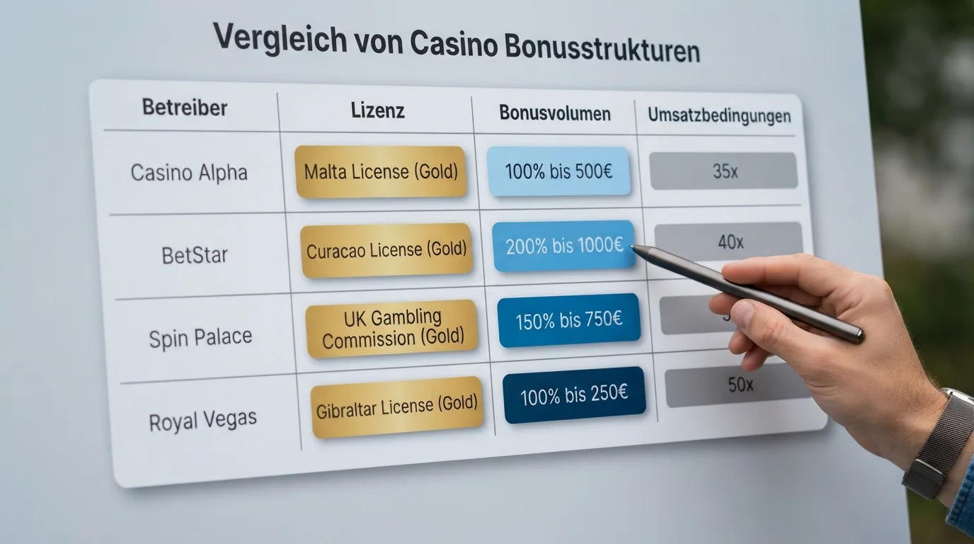 Vergleichstabelle der zehn Offshore-Casinos mit farblich abgesetzten Lizenz- und Bonus-Spalten